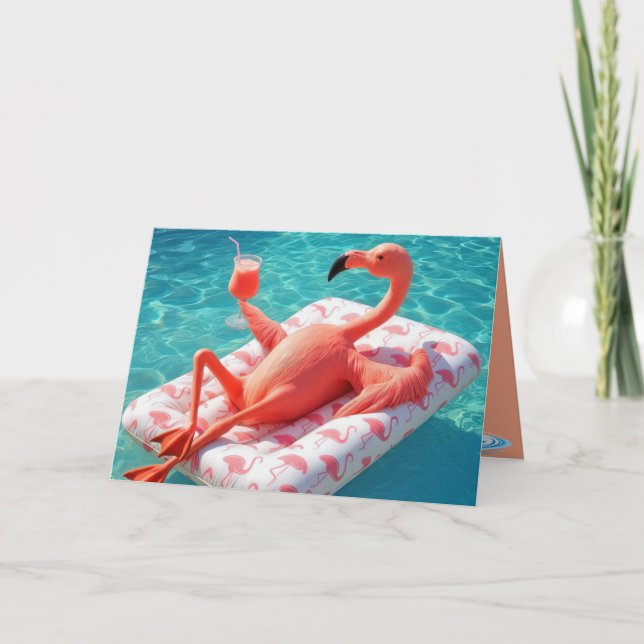 Birthday Flamingo Relaxing On a Pool Mattress Card (Front)