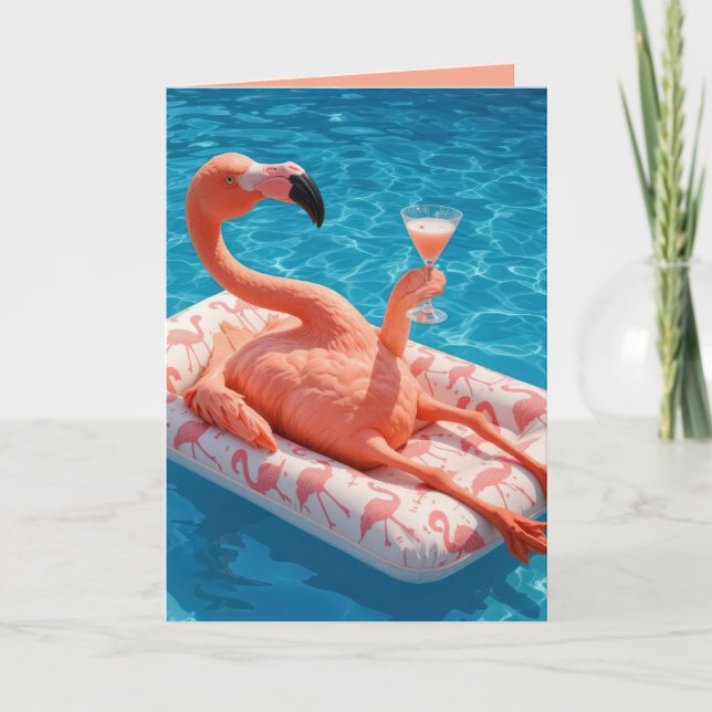 Birthday Flamingo Relaxing On a Pool Mattress Card (Front)