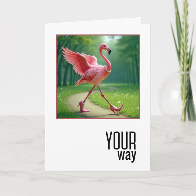 Birthday Flamingo Wearing Pearls and Pumps Card (Front)
