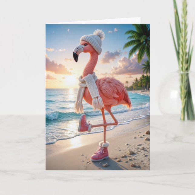 Birthday Flamingo Wearing Winter Boots and Scarf Card (Front)
