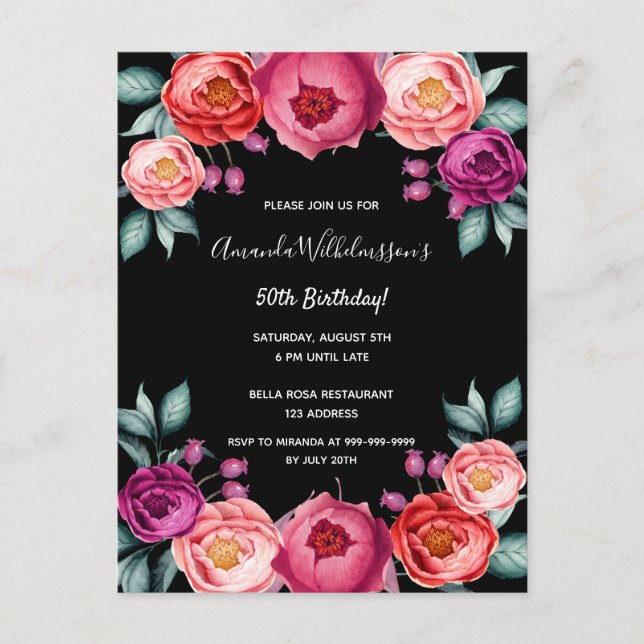 Birthday floral black rose gold blush invitation postcard (Front)