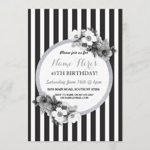 Birthday Floral Black White Silver Stripe Invite