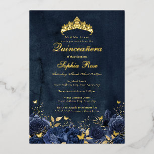 Birthday Floral Butterfly Tiara Navy Quinceanera