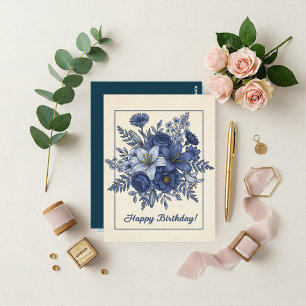 Birthday Floral Card for Her – Blue & Elegant
