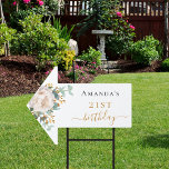 Birthday floral eucalyptus greenery arrow garden sign<br><div class="desc">For a 21st (or any age) birthday party. A chic white background. Decorated with a white floral,  flower (peony)and green watercolored eucalyptus leaves,  sprigs,  greenery and a faux gold sprig. Personalise and add a name and age 21.  Black and golden letters.</div>