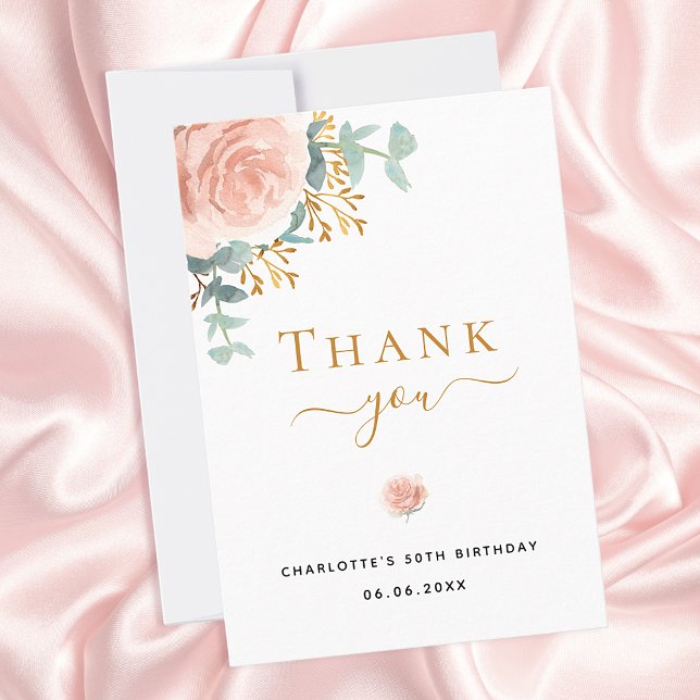 Birthday floral eucalyptus greenery rose gold pink thank you card (Creator Uploaded)