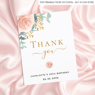 Birthday floral eucalyptus rose gold thank you postcard