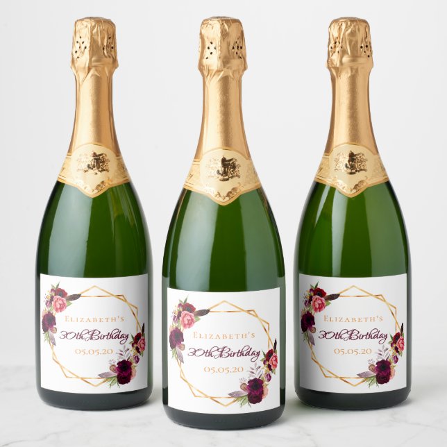Birthday floral gold geometric white burgundy name sparkling wine label (Bottles)