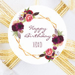 Birthday floral gold geometric white classic round sticker<br><div class="desc">A chic white background with a faux gold geometric frame. Decorated with dark purple and burgundy flowers,  roses and boho style feathers. Burgundy hand lettered style script and the text: Happy Birthday and xoxo (hugs and kisses)</div>