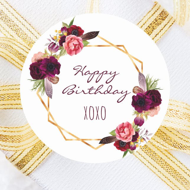 Birthday floral gold geometric white classic round sticker (Creator Uploaded)