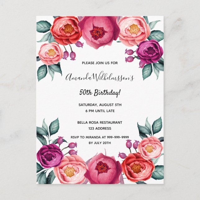 Birthday floral pink purple rose gold invitation postcard (Front)
