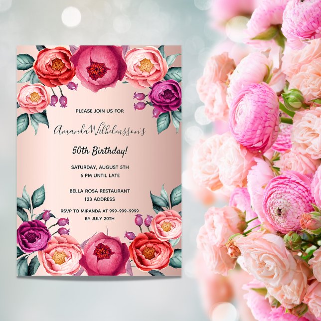 Birthday floral rose gold blush pink luxury invitation (Creator Uploaded)