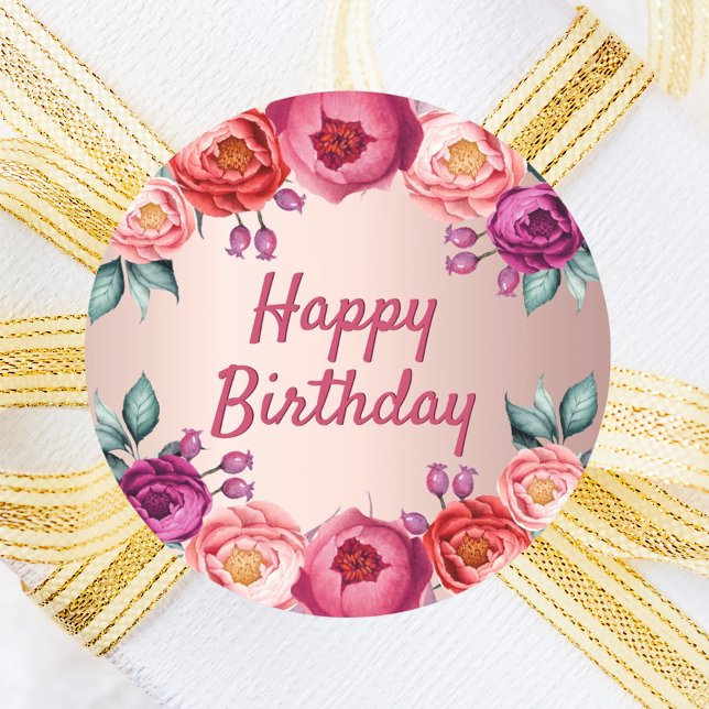 Birthday floral rose gold blush pink purple classic round sticker (Creator Uploaded)