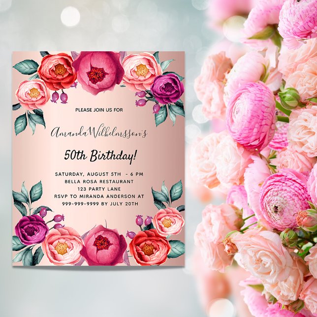 Birthday floral rose gold pink budget invitation flyer (Creator Uploaded)