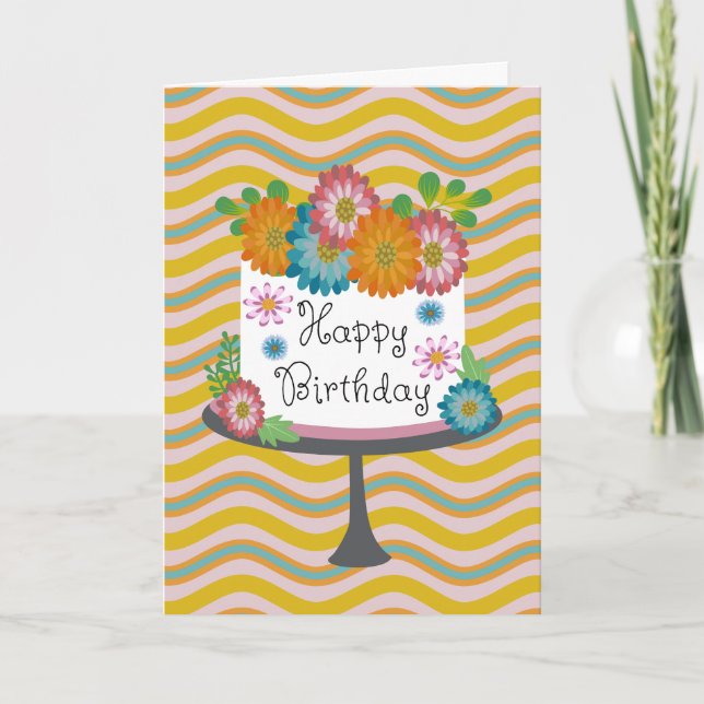 Birthday Floral Waves and Cake Card (Front)