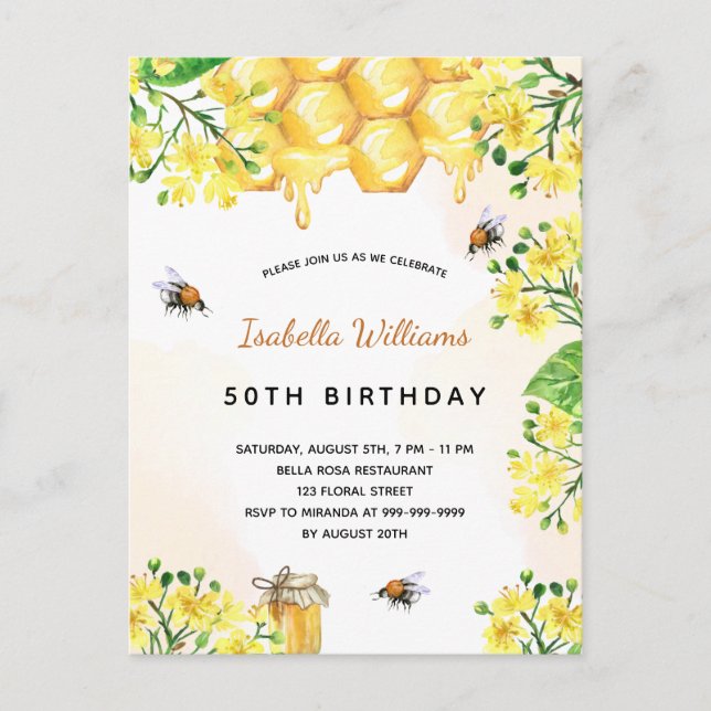 Birthday florals yellow elegant summer invitation postcard (Front)