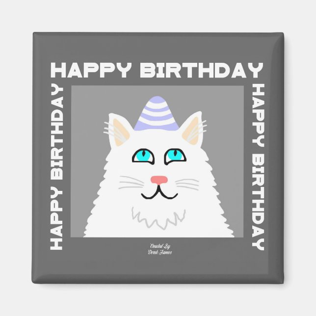 Birthday Fluffy White Cat 2 Inch Square Magnet (Front)