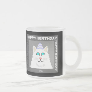 Birthday Fluffy White Cat Frosted Glass Mug