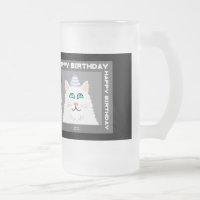 Birthday Fluffy White Cat Frosted Glass Mug