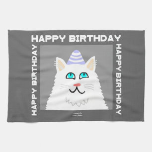 Birthday Fluffy White Cat Kitchen Towel