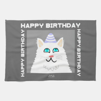 Birthday Fluffy White Cat Kitchen Towel