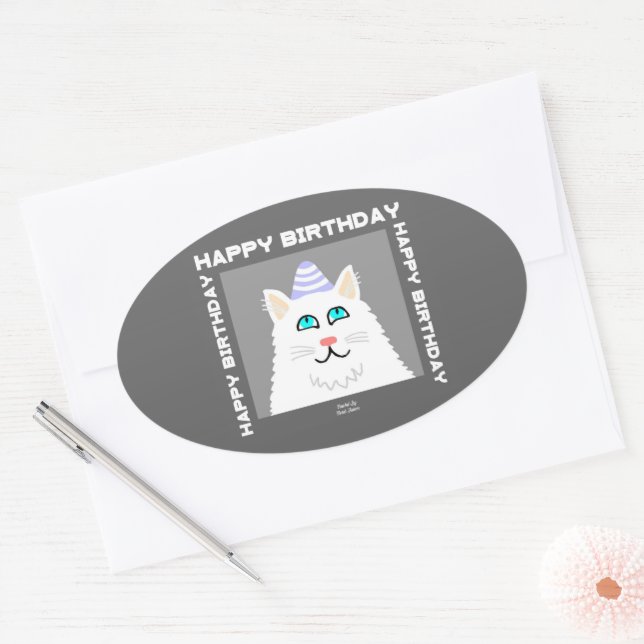 Birthday Fluffy White Cat Oval Sticker (Envelope)