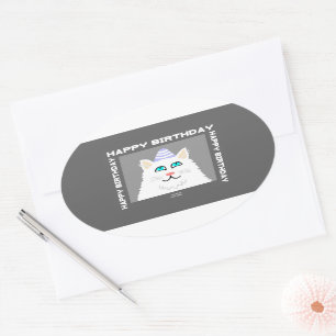 Birthday Fluffy White Cat Oval Sticker