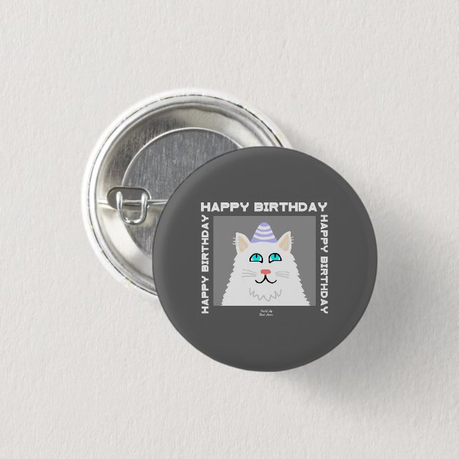 Birthday Fluffy White Cat Round Button (Front & Back)