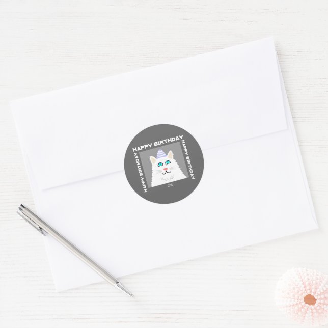 Birthday Fluffy White Cat Round Sticker (Envelope)
