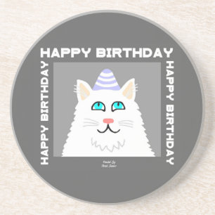 Birthday Fluffy White Cat Sandstone Coaster