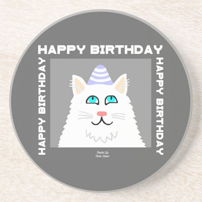 Birthday Fluffy White Cat Sandstone Coaster (Front)
