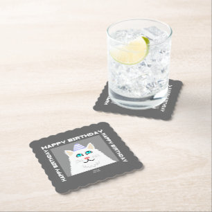Birthday Fluffy White Cat Scalloped Square Coaster