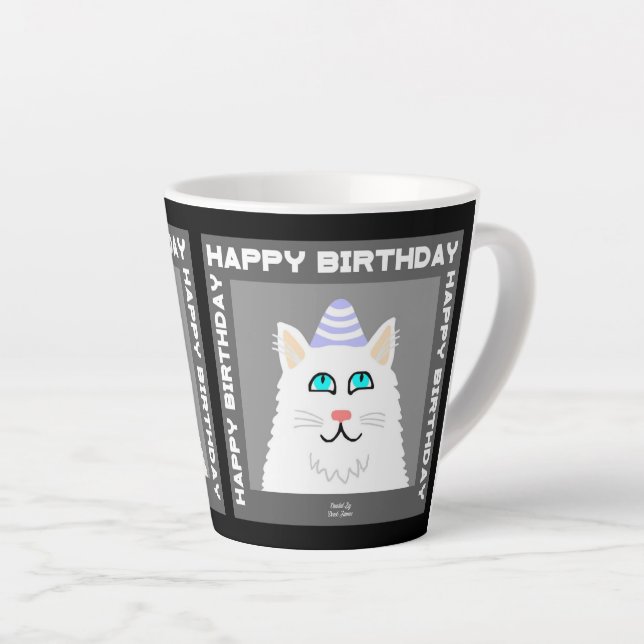 Birthday Fluffy White Cat Small Latte Mug (Right Angle)