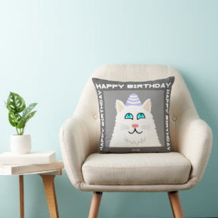 Birthday Fluffy White Cat Square Throw Pillow