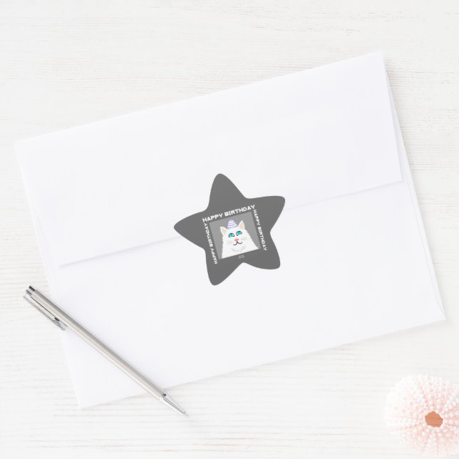 Birthday Fluffy White Cat Star Sticker (Envelope)