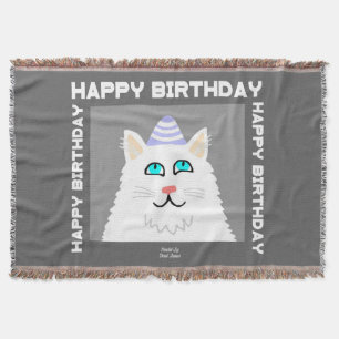 Birthday Fluffy White Cat Throw Blanket