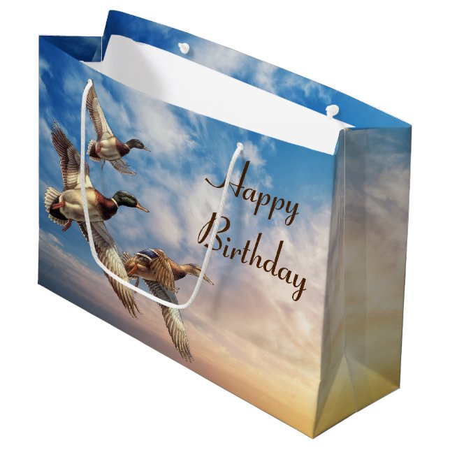Birthday Flying Mallard Ducks Sunrise Sky Large Gift Bag (Front Angled)