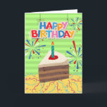 Birthday for Boyfriend Piece of Cake Card<br><div class="desc">Happy Birthday Boyfriend paper greeting card with a colourful illustration of a piece of layered chocolate cake. Bright design with Happy Birthday sign,  confetti,  streamers,  and fireworks. Fun cake puns inside. Art,  image,  and verse copyright © Shoaff Ballanger Studios,  2022.</div>