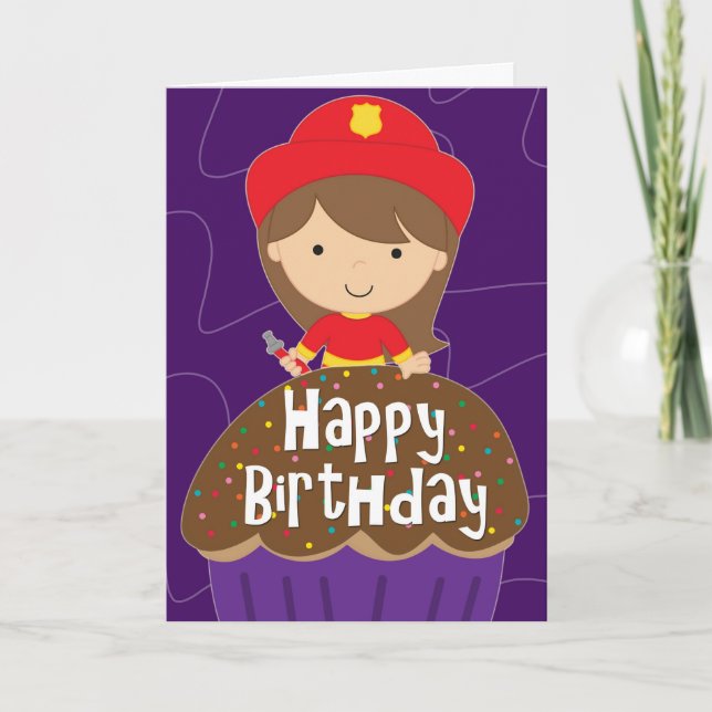 Birthday for Girl - Little Firefighter and Cupcake Card (Front)