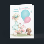 Birthday for Granddaughter Girl and Puppy Card<br><div class="desc">Happy birthday card for a young Granddaughter featuring a sweet little girl carrying a basket full of flowers with 2 balloons,  accompanied by her adorable little brown puppy and blue butterflies.</div>