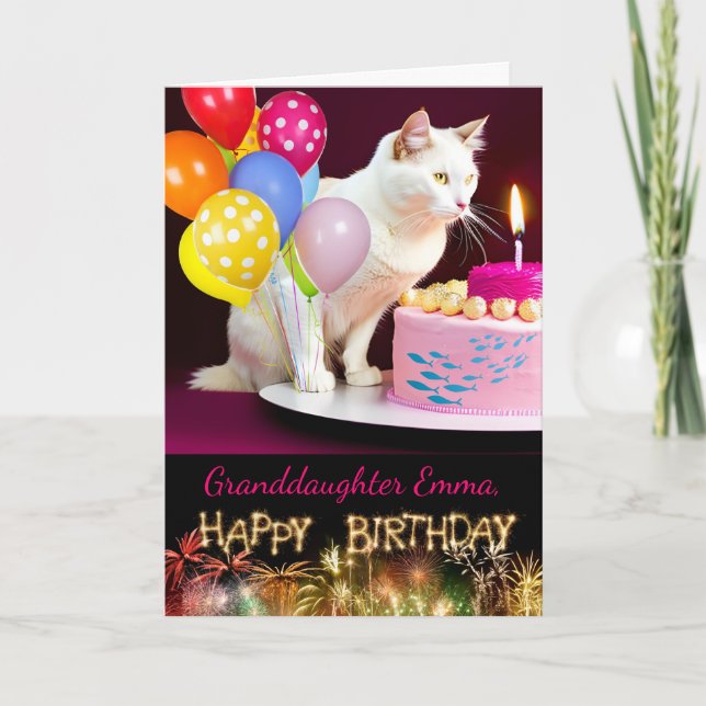 Birthday for Granddaughter with White Cat and Cake Card (Front)
