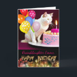 Birthday for Granddaughter with White Cat and Cake Card<br><div class="desc">Birthday paper greeting card for a granddaughter. Add her name to the cover of the card. A white cat is holding colourful balloons and staring at a birthday cake candle. Art,  image,  and verse copyright © Shoaff Ballanger Studios,  2023.</div>