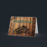 Birthday for Grandson, Tools and Wood Card<br><div class="desc">Birthday greeting card for a special grandson. Card features a faux woodburned design of tools and screws on a wood looking background. Digital art image created with photographs and digital elements to create a woodburned look. Letters look like they have been stained a blue-green color. Art, image, and verse ©...</div>