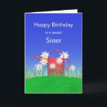 Birthday for Sister Daisies and Watering Can Card<br><div class="desc">Card with my design of a bright red watering can on green grass with daisies and a blue sky. Cover text says "Happy Birthday to a special Sister". Verse inside.</div>