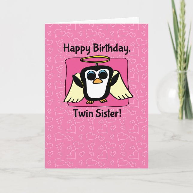 Birthday for Twin Sister - Little Angel Penguin Card (Front)