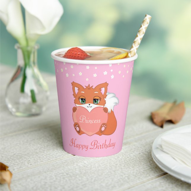 Birthday Fox and Flowers on Light Pink Paper Cups (Insitu)