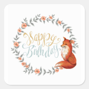 Birthday Fox Wreath Square Sticker