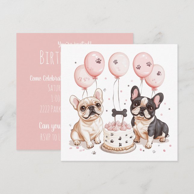 Birthday French Bulldogs Birthday Cake Invitation (Front/Back)