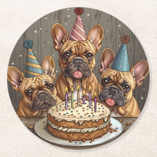 Birthday French Bulldogs Party Hats Round Paper Coaster