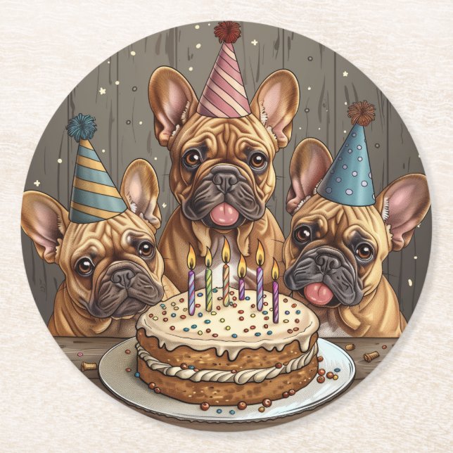 Birthday French Bulldogs Party Hats Round Paper Coaster (Front)